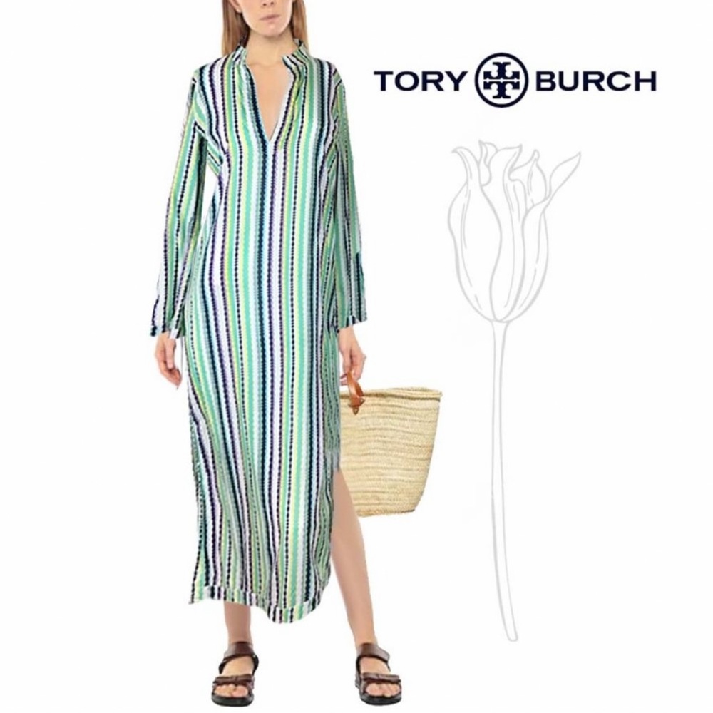 Tory Burch Green and Blue Striped Caftan